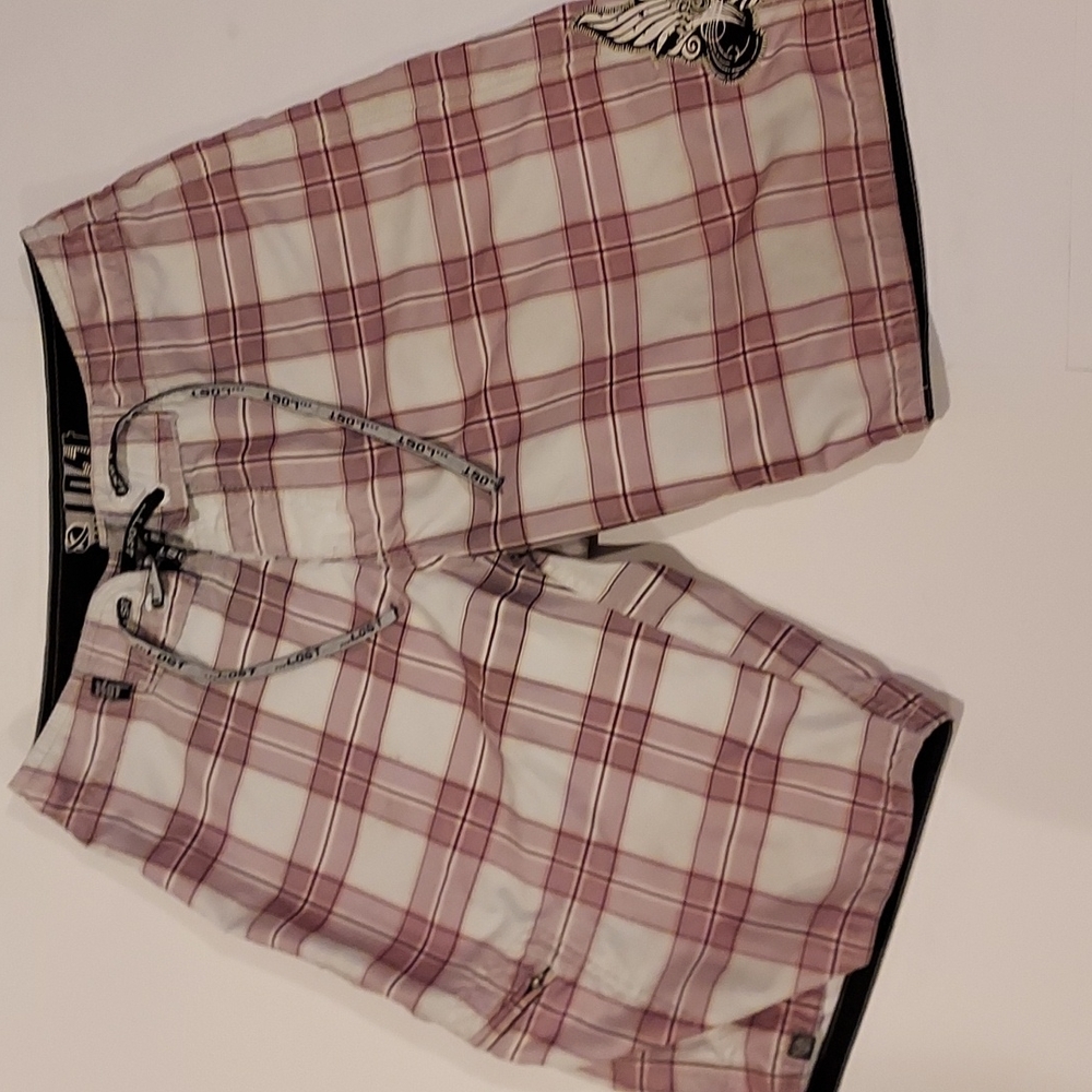Men's Lost Board Shorts Size 29 Plaid with Patch Logo Like New